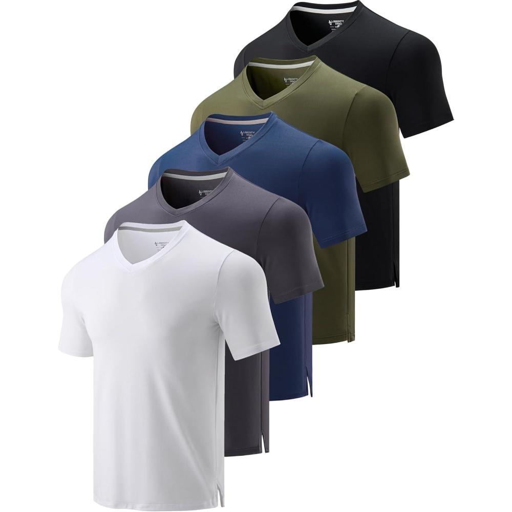 image5 Pack Mens VNeck Dry Fit TShirts Active Athletic Short Sleeve Workout Tops Performance Gym Tees Available in Plus SizeBlackWhiteBlackSteel BlueDark Gray