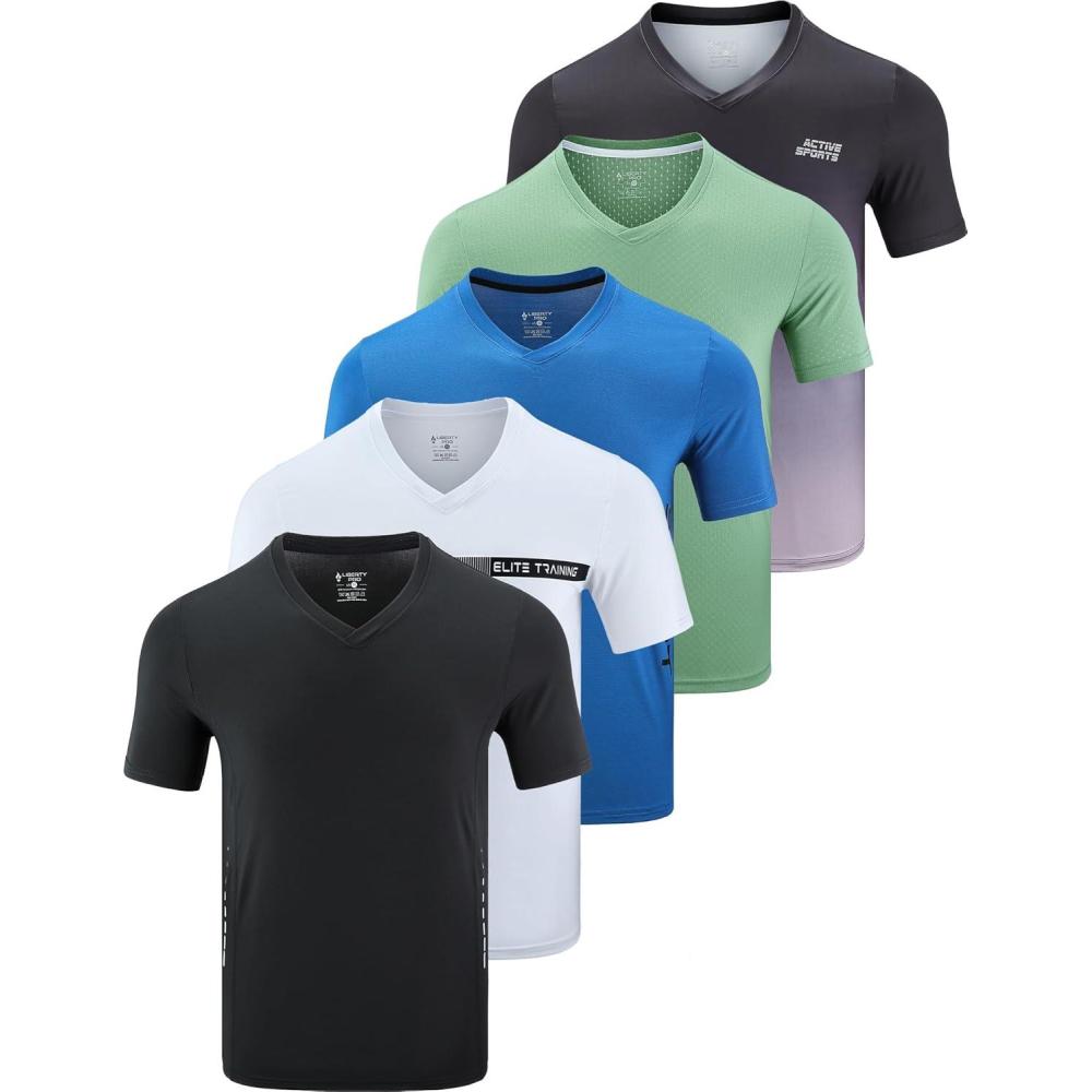 image5 Pack Mens VNeck Dry Fit TShirts Active Athletic Short Sleeve Workout Tops Performance Gym Tees Available in Plus SizeWhiteMintBlueGradientBlack