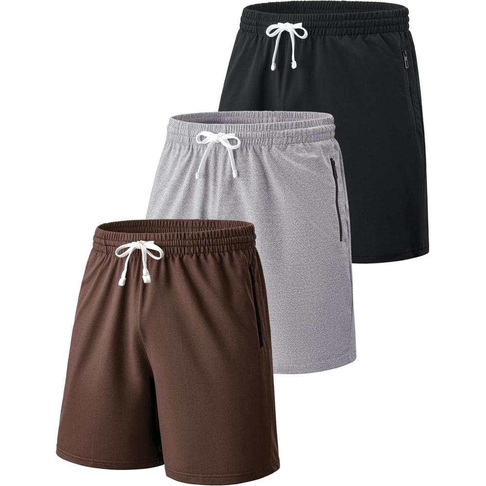 imageLiberty Imports 3 Pack Mens Sweat Shorts Athletic Casual Jogger Shorts with Zipper Pockets Terry Performance Tech ActivewearGrayBrownBlack