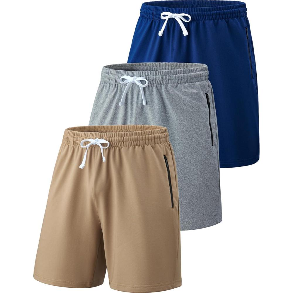 imageLiberty Imports 3 Pack Mens Sweat Shorts Athletic Casual Jogger Shorts with Zipper Pockets Terry Performance Tech ActivewearLight GrayLight BrownNavy