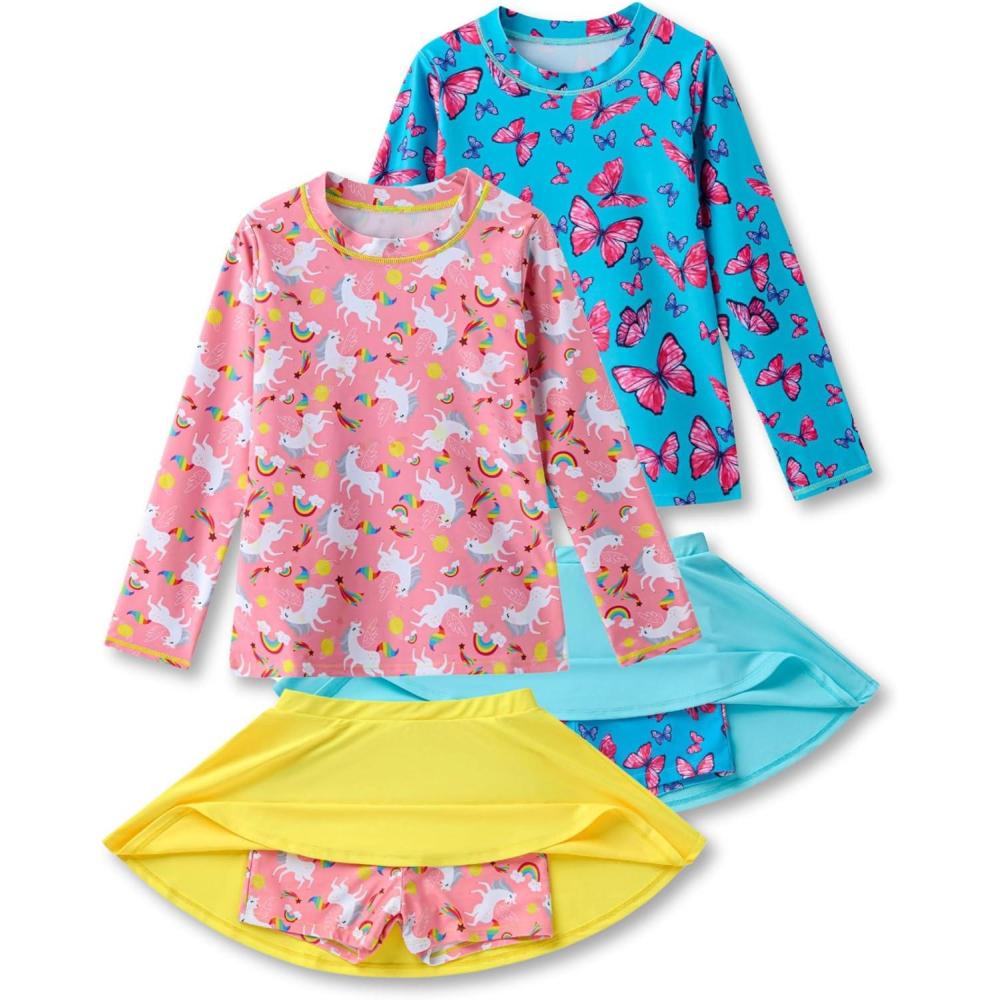 imageLiberty Pro 2 Pack Girls Rash Guard Two Piece Bathing Suit Long Sleeve Swimsuit  Toddler Swimwear with Skirts Shorts 3T12YSet 3
