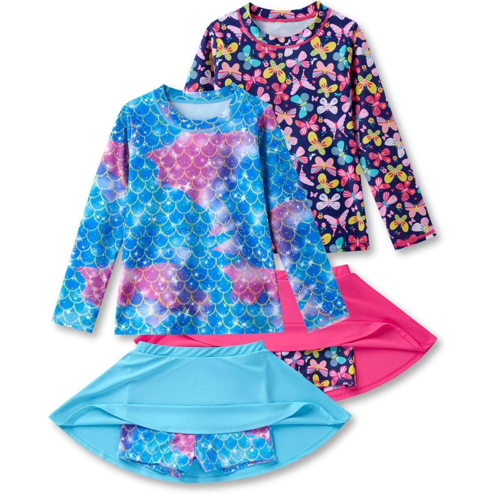 imageLiberty Pro 2 Pack Girls Rash Guard Two Piece Bathing Suit Long Sleeve Swimsuit  Toddler Swimwear with Skirts Shorts 3T12YSet 4