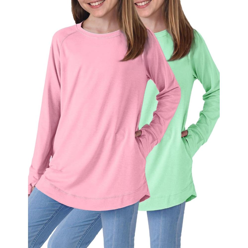 imageLiberty Pro 2Pack Girls Loose Fit Long Sleeve Tunic Tops with Pockets and Thumb Holes Casual T Shirts for Tween KidsLight GreenPink