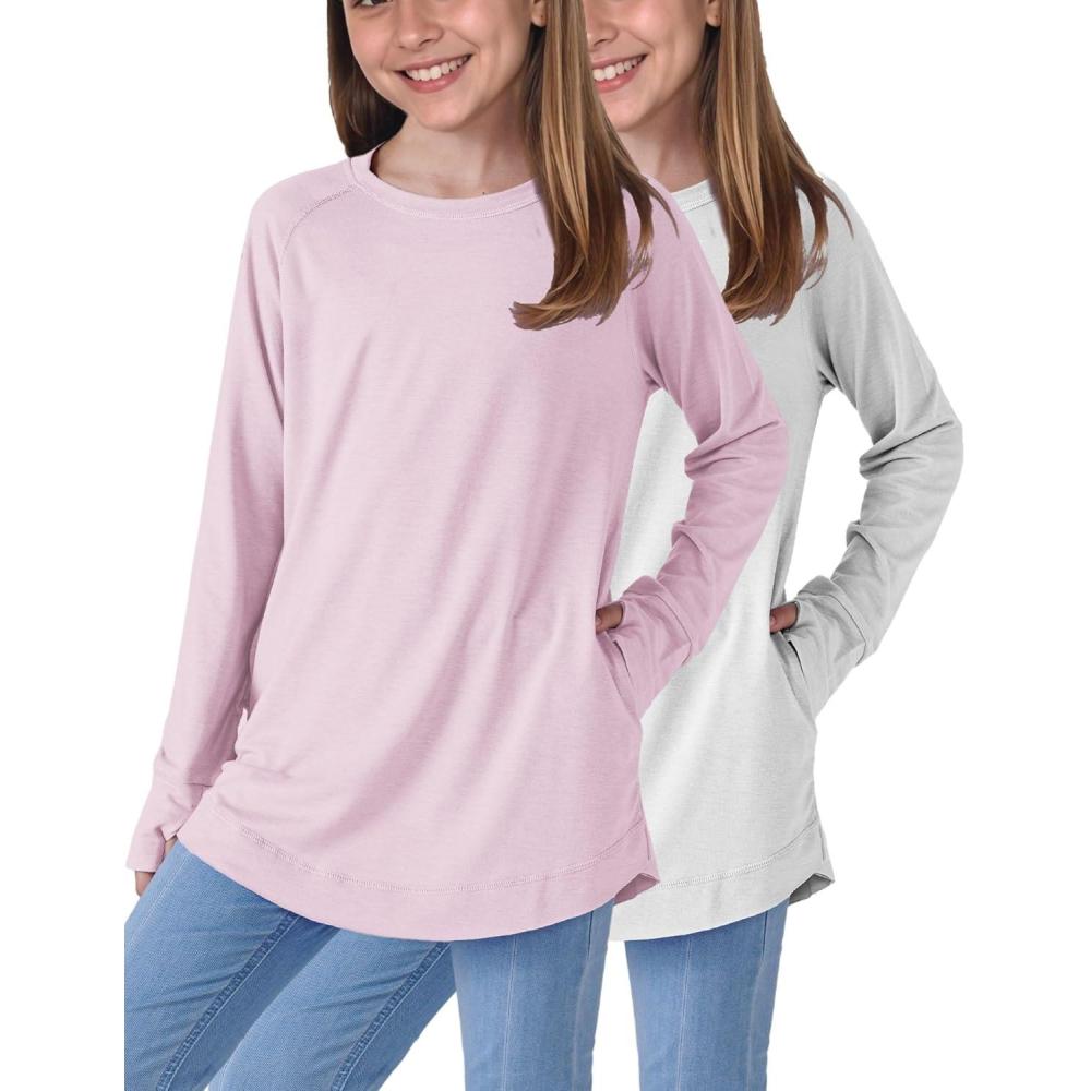 imageLiberty Pro 2Pack Girls Loose Fit Long Sleeve Tunic Tops with Pockets and Thumb Holes Casual T Shirts for Tween KidsLight PinkWhite