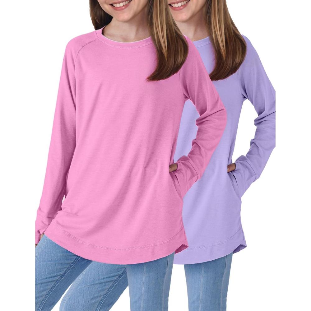 imageLiberty Pro 2Pack Girls Loose Fit Long Sleeve Tunic Tops with Pockets and Thumb Holes Casual T Shirts for Tween KidsPinkLavender