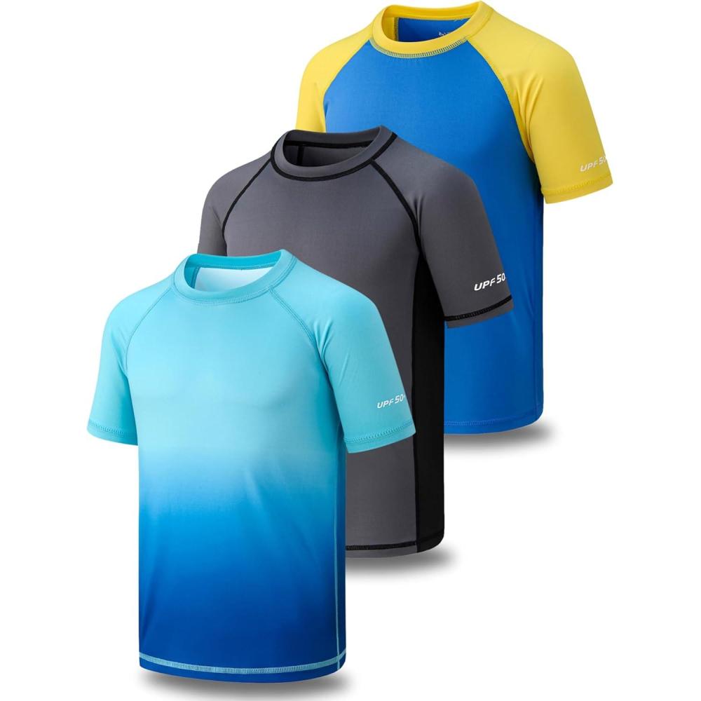 imageLiberty Pro 3 Pack Boys UPF 50 Rash Guard Short Sleeve Swim Shirts Quick Dry UV Protection Swimwear for KidsBlueCharcoalGradient Aqua