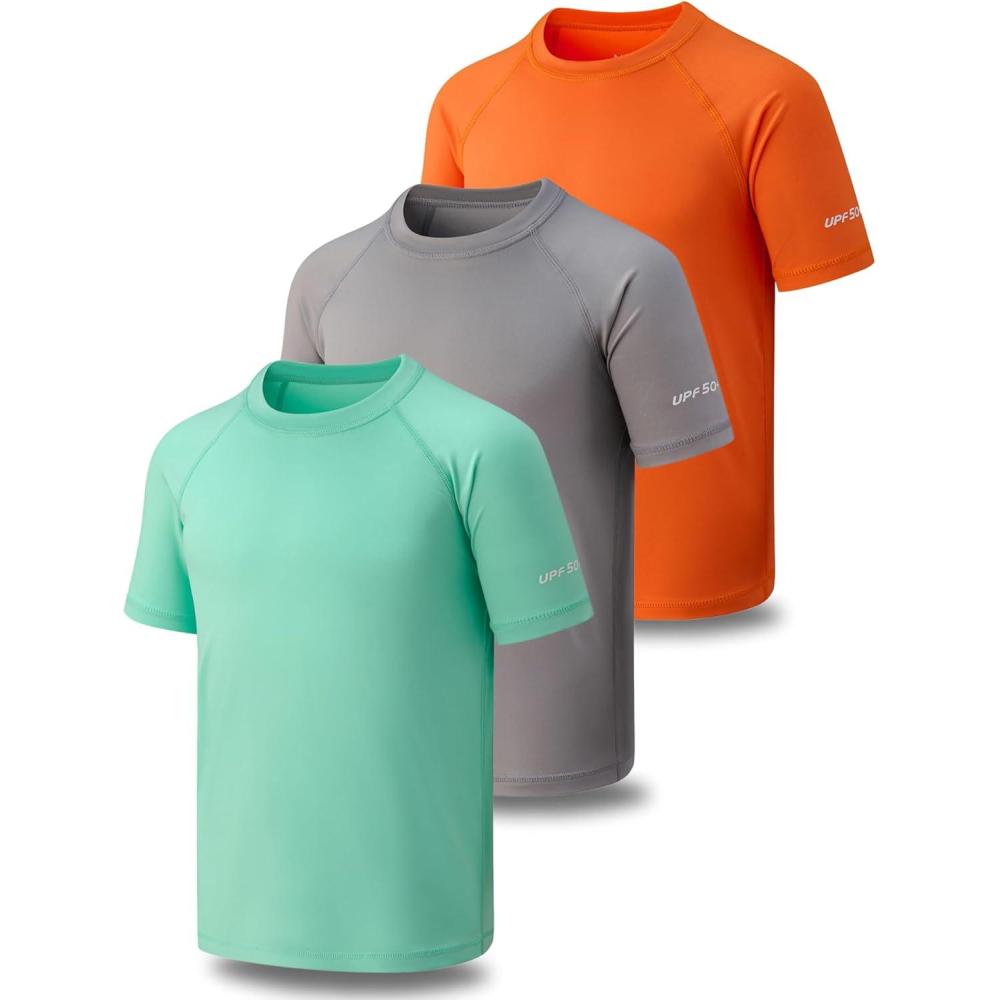 imageLiberty Pro 3 Pack Boys UPF 50 Rash Guard Short Sleeve Swim Shirts Quick Dry UV Protection Swimwear for KidsGrayLight GreenTangerine