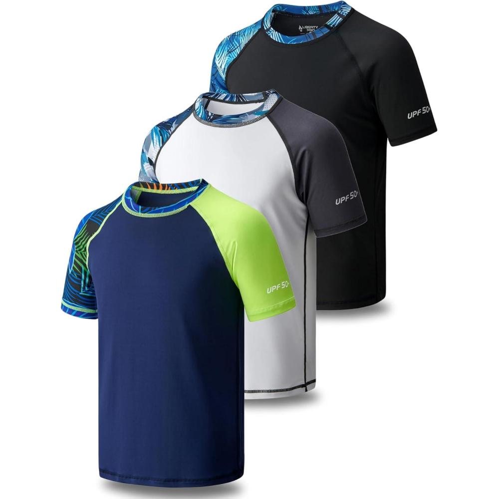 imageLiberty Pro 3 Pack Boys UPF 50 Rash Guard Short Sleeve Swim Shirts Quick Dry UV Protection Swimwear for KidsPrinted NavyBlackWhite