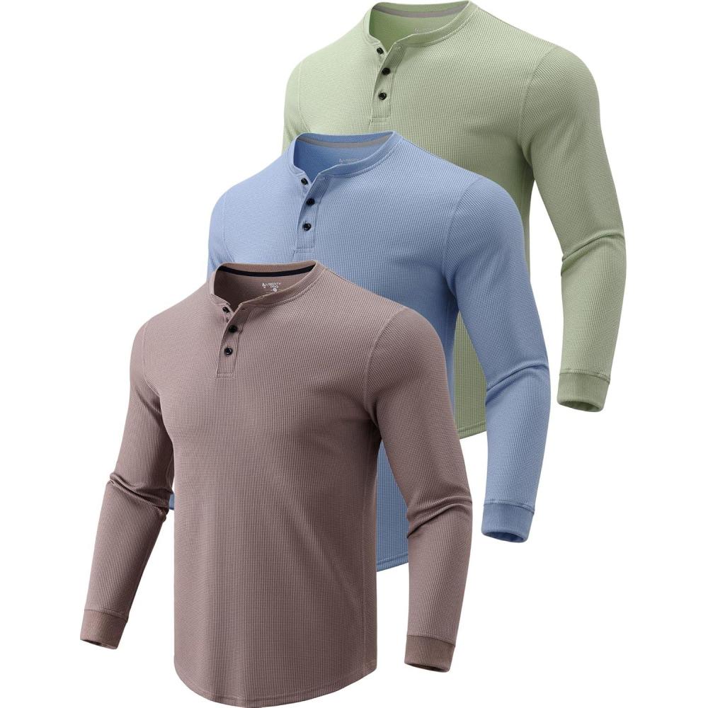 imageLiberty Pro 3 Pack Mens Waffle Henley Thermal Long Sleeve Shirts Casual Fitted Fall Shirts for MenDusty BlueLight BrownLight Green