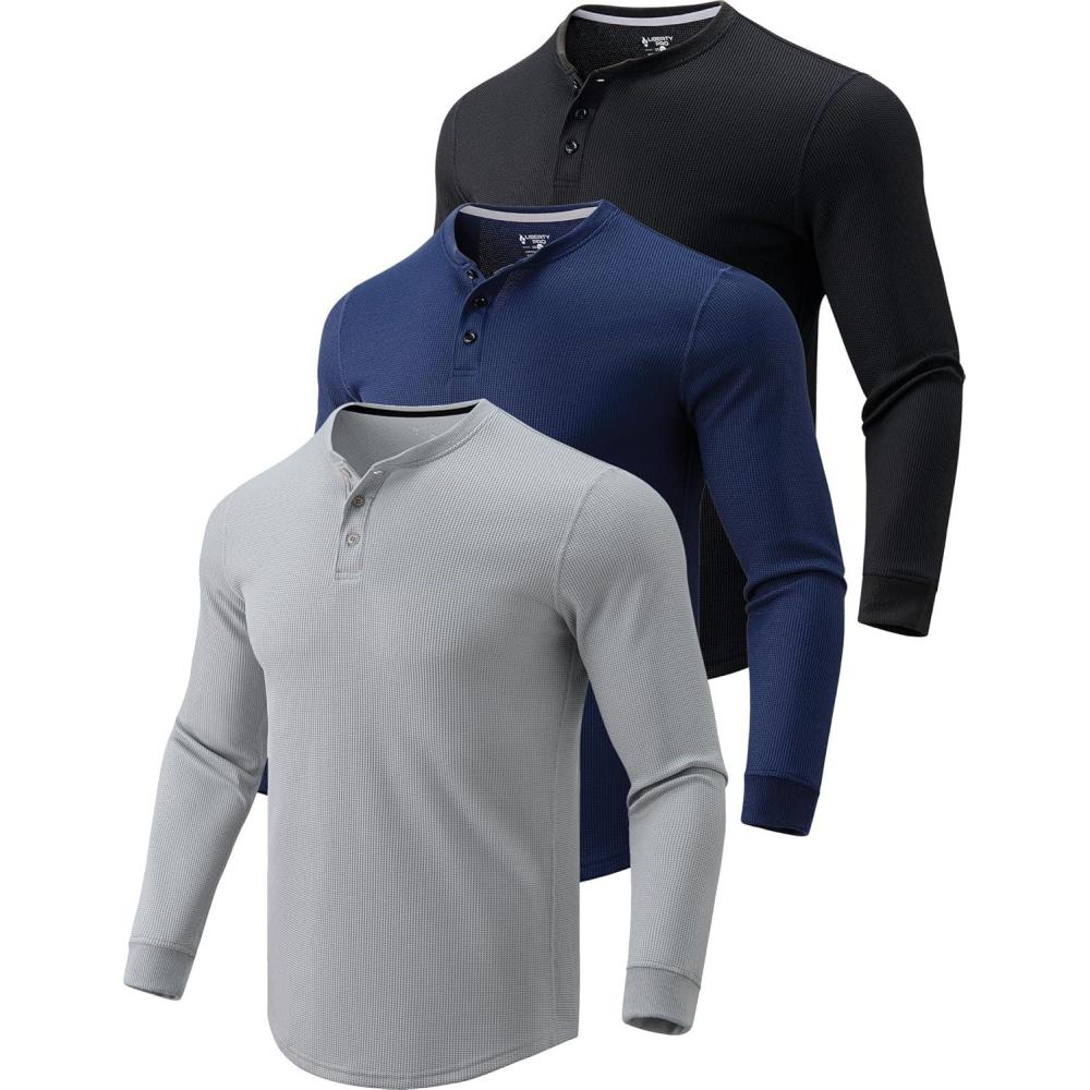 imageLiberty Pro 3 Pack Mens Waffle Henley Thermal Long Sleeve Shirts Casual Fitted Fall Shirts for MenNavyBlackLight Gray