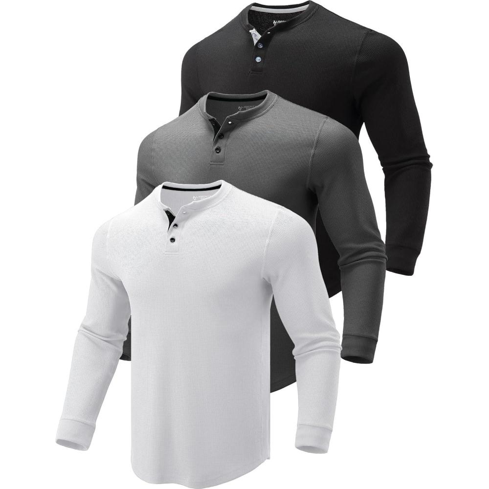 imageLiberty Pro 3 Pack Mens Waffle Henley Thermal Long Sleeve Shirts Casual Fitted Fall Shirts for MenWhiteBlackDark Gray