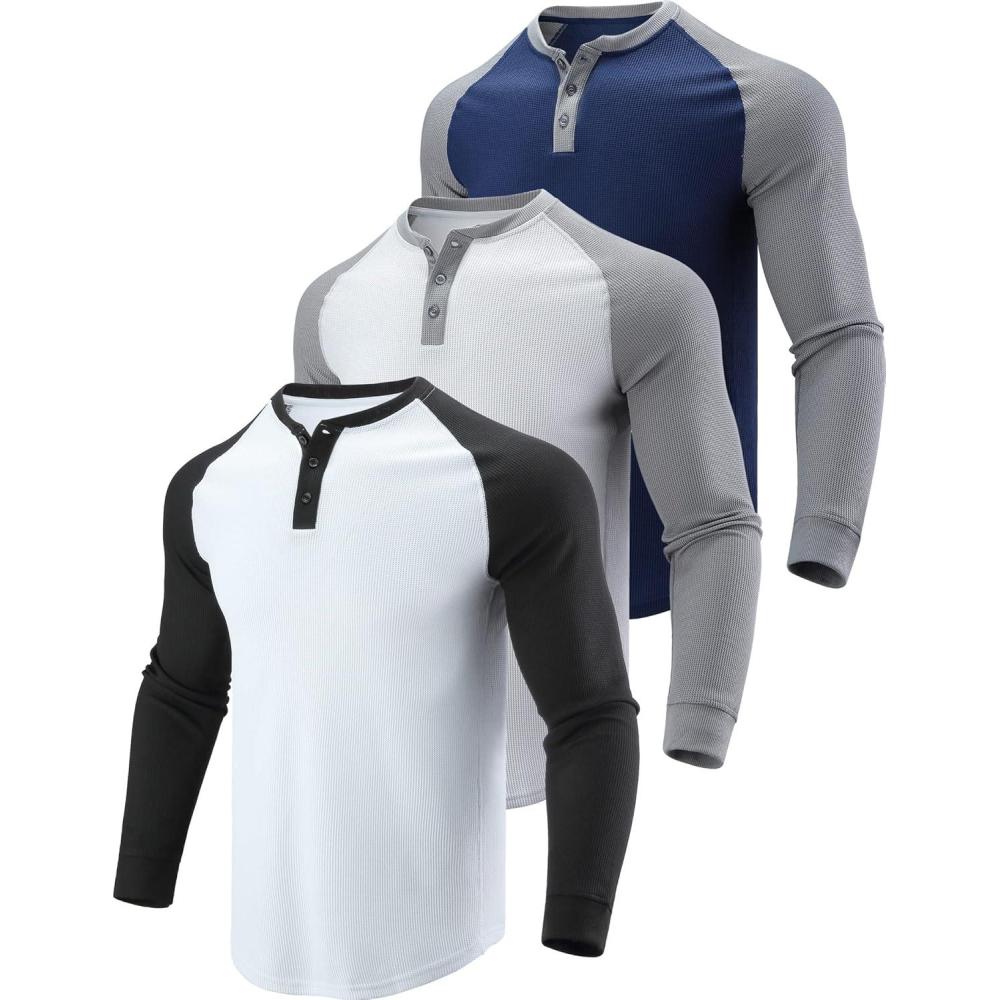 imageLiberty Pro 3 Pack Mens Waffle Henley Thermal Long Sleeve Shirts Casual Fitted Fall Shirts for MenWhiteblackBlackgrayNavygray