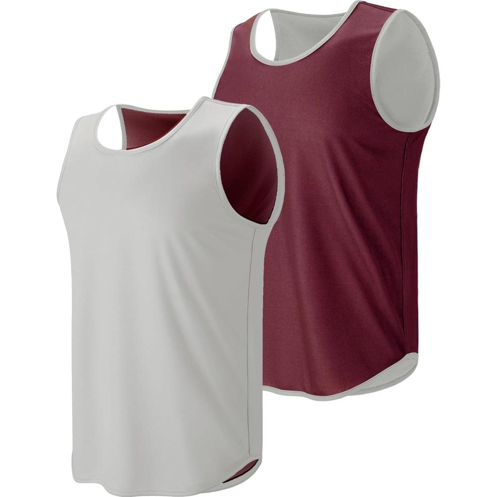 imageLiberty Pro Mens Lightweight Reversible Rec Tanks Mesh Basketball Jerseys Athletic Quick Dry Shirts Team Scrimmage UniformsWhiteMaroon