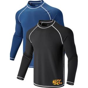 2 Pack Men’s Sun Protection Long Sleeve Swim Shirts UPF 50+ Loose Fit Rash Guards Fishing Quick Dry Clothing(Black/Navy)