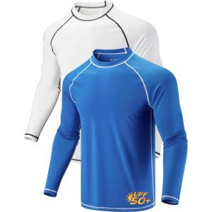 2 Pack Men’s Sun Protection Long Sleeve Swim Shirts UPF 50+ Loose Fit Rash Guards Fishing Quick Dry Clothing(Blue/White)