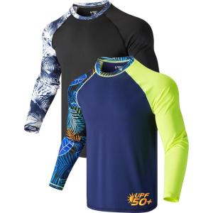 2 Pack Men’s Sun Protection Long Sleeve Swim Shirts UPF 50+ Loose Fit Rash Guards Fishing Quick Dry Clothing(Contrast Sleeves Navy/Black)