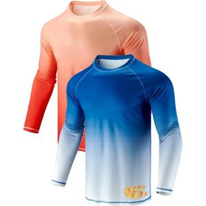 2 Pack Men’s Sun Protection Long Sleeve Swim Shirts UPF 50+ Loose Fit Rash Guards Fishing Quick Dry Clothing(Gradient Blue/Orange)