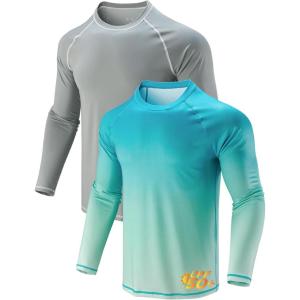 2 Pack Men’s Sun Protection Long Sleeve Swim Shirts UPF 50+ Loose Fit Rash Guards Fishing Quick Dry Clothing(Gray/Gradient Aqua)