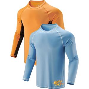 2 Pack Men’s Sun Protection Long Sleeve Swim Shirts UPF 50+ Loose Fit Rash Guards Fishing Quick Dry Clothing(Orange/Light Blue)