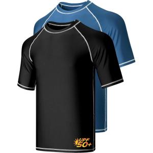 2-Pack Men’s UV Short Sleeve Swim Shirts Loose Fit Rash Guards(Black/Navy)