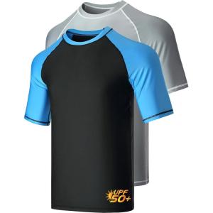 2-Pack Men’s UV Short Sleeve Swim Shirts Loose Fit Rash Guards(Black+blue/Gray)