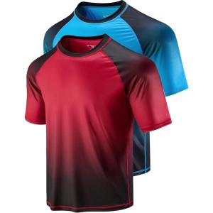 2-Pack Men’s UV Short Sleeve Swim Shirts Loose Fit Rash Guards(Gradient Red/Blue)
