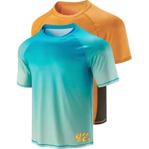 2-Pack Men’s UV Short Sleeve Swim Shirts Loose Fit Rash Guards(Orange/Gradient Aqua)