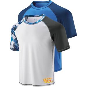 2-Pack Men’s UV Short Sleeve Swim Shirts Loose Fit Rash Guards(Printed White/Contrast Blue)