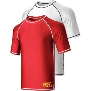 2-Pack Men’s UV Short Sleeve Swim Shirts Loose Fit Rash Guards(Red/White)