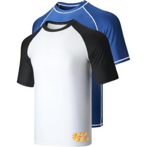 2-Pack Men’s UV Short Sleeve Swim Shirts Loose Fit Rash Guards(White+black/Dark Blue)