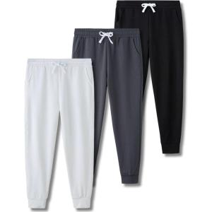 3 Pack Boys Lightweight Jogger Pants, Youth Athletic Sweatpants, Kids Toddlers Clothes Apparel(Black/Off White/Charcoal)