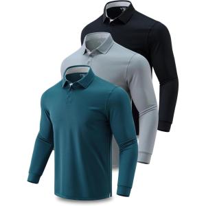 3 Pack: Dry Fit Long Sleeve Polo Shirts for Men, Athletic Collared Golf T-Shirts Performance Tops(Set 2)