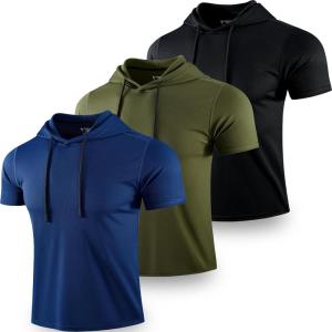3 Pack: Men’s Lightweight Short Sleeve Workout Hoodies, Athletic Dry Fit Hooded T Shirts for Gym Running(Black/Navy/Olive)