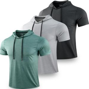 3 Pack: Men’s Lightweight Short Sleeve Workout Hoodies, Athletic Dry Fit Hooded T Shirts for Gym Running(Light Gray/Light Green/Charcoal)