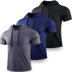 3 Pack: Men’s Lightweight Short Sleeve Workout Hoodies, Athletic Dry Fit Hooded T Shirts for Gym Running(Navy/Black/Dark Gray)