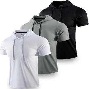 3 Pack: Men’s Lightweight Short Sleeve Workout Hoodies, Athletic Dry Fit Hooded T Shirts for Gym Running(White/Gray/Black)