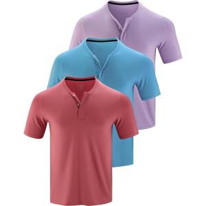 3 Pack: Mens Polo Shirts, Business Casual Golf Henley Work Shirts for Men, Collarless Short Sleeve Stylish Athletic Tshirts(Blue/Washed Red/Light Lavender)
