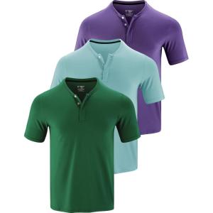3 Pack: Mens Polo Shirts, Business Casual Golf Henley Work Shirts for Men, Collarless Short Sleeve Stylish Athletic Tshirts(Emerald/Violet/Aqua Haze)