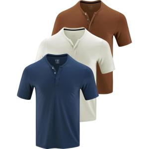 3 Pack: Mens Polo Shirts, Business Casual Golf Henley Work Shirts for Men, Collarless Short Sleeve Stylish Athletic Tshirts(Navy/Bronze/Off White)
