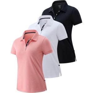 3 Pack Women’s Athletic Dry Fit Polo Shirts, Wicking Short Sleeve Collared Golf T Shirt Tennis Tops(Pink/Black/White)