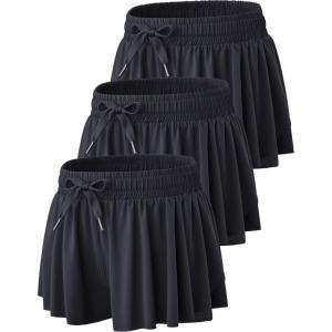 3 Pack Womens Flowy Running Shorts, 2-in-1 Butterfly Skirts with Shorts Underneath Spandex Athletic Casual Gym Workout Lounge(Black)