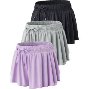 3 Pack Womens Flowy Running Shorts, 2-in-1 Butterfly Skirts with Shorts Underneath Spandex Athletic Casual Gym Workout Lounge(Black/Gray/Light Lavender)