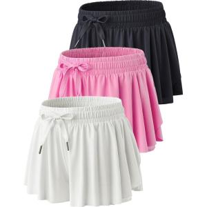 3 Pack Womens Flowy Running Shorts, 2-in-1 Butterfly Skirts with Shorts Underneath Spandex Athletic Casual Gym Workout Lounge(Pink/White/Black)