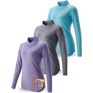3 Pack Women’s Thermal Fleece Shirts Long Sleeve Mock Turtleneck Running Active Tops Workout Cold Weather Gear(Aqua/Charcoal/Lavender)