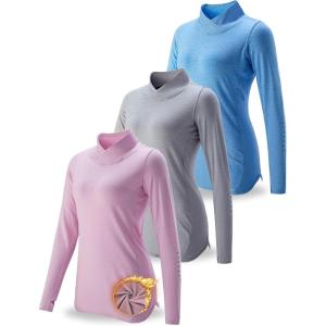 3 Pack Women’s Thermal Fleece Shirts Long Sleeve Mock Turtleneck Running Active Tops Workout Cold Weather Gear(Gray/Baby Blue/Light Pink)