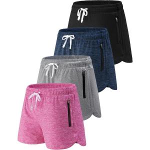 4 Pack Youth Girls Athletic Shorts 3″, Girls Soccer Shorts, Kids Workout Gym Clothes Activewear Apparel with Zipper Pockets(Pink/Gray/Navy/Black)