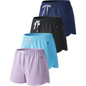 4 Pack Youth Girls Athletic Shorts 3″, Girls Soccer Shorts, Kids Workout Gym Clothes Activewear Apparel with Zipper Pockets(Set 2: Lavender/Baby Blue/Navy/Black)