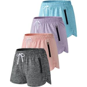 4 Pack Youth Girls Athletic Shorts 3″, Girls Soccer Shorts, Kids Workout Gym Clothes Activewear Apparel with Zipper Pockets(Set 3: Heather Black/Lavender/Light Blue/Peachy Pink)