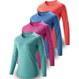 4-Pack: Womens Long Sleeve Athletic Tops with Thumb Holes – Dry Fit Active Crewneck Workout Tees(Coral/Turquoise/Rose Pink/Cendre Blue)