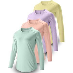 4-Pack: Womens Long Sleeve Athletic Tops with Thumb Holes – Dry Fit Active Crewneck Workout Tees(Lilac/Mint Green/Soft Peach/Butter Yellow)